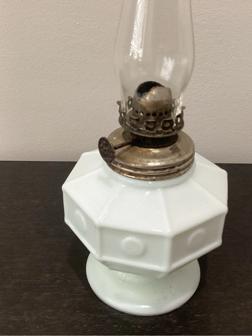 Antique 1890s-1920s. White milk glass oil lamp 8 sided with circle design